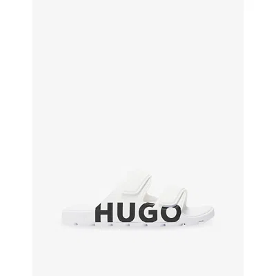 Hugo Boss Mens White Brand-print Rubber Sliders Eur 45 / 11 Uk In Multi