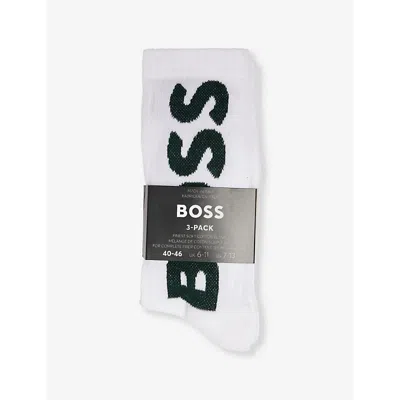 Hugo Boss Mens Crew-length Intarsia-branding Pack Of Three Cotton-blend Socks White
