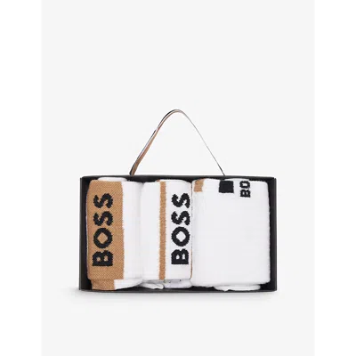 Hugo Boss Mens Crew-length Intarsia-branding Pack Of Three Cotton-blend Socks White