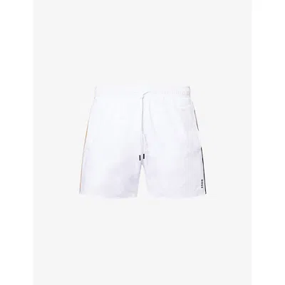 Hugo Boss Mens White Iconic Stripe-trim Swim Shorts