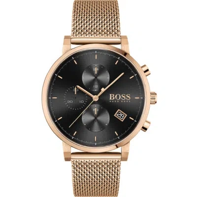 Pre-owned Hugo Boss Mens Wristwatch  Integrity 1513808 Chrono Steel Mesh Gold Rose Black