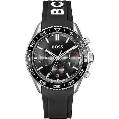 Pre-owned Hugo Boss Mens Wristwatch  Runner 1514141 Chrono Silicone Black