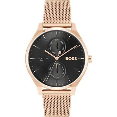 Pre-owned Hugo Boss Mens Wristwatch  Tyler 1514104 Multifunction Steel Mesh Gold Rose Black