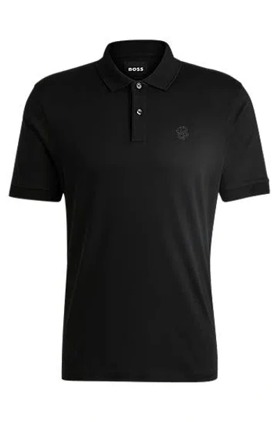 Hugo Boss Mercerised-cotton Polo Shirt With Double B Monogram In Black