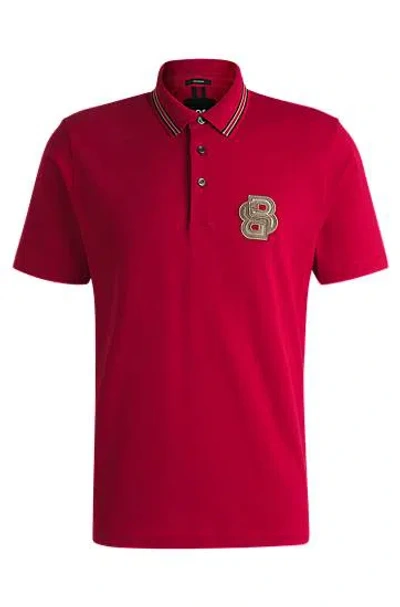 Hugo Boss Mercerised-cotton Polo Shirt With Double B Monogram In Bright Red