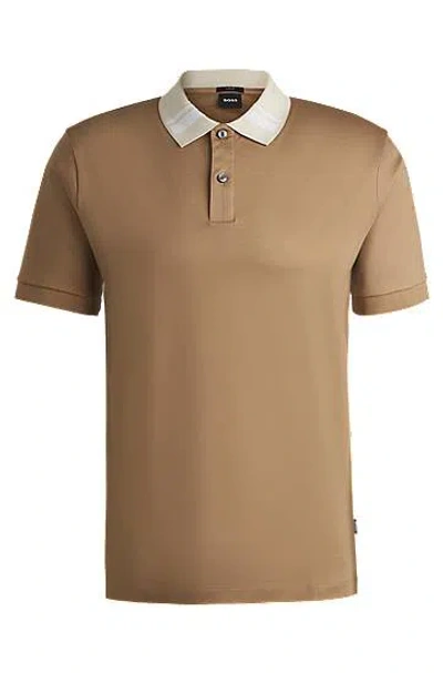Hugo Boss Mercerized-cotton Slim-fit Polo Shirt With Collar Stripes In Light Beige