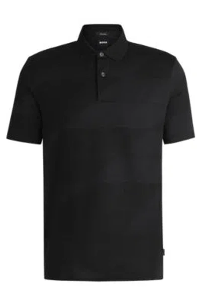 Hugo Boss Mercerized-cotton Polo Shirt With Jacquard Pattern In Black