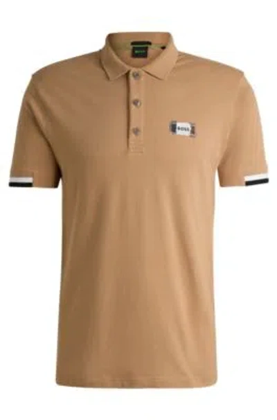 Hugo Boss Mercerized-cotton Polo Shirt With Signature Stripes In Beige