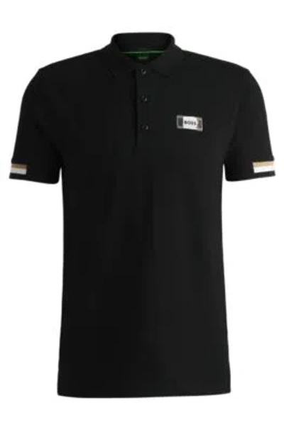 Hugo Boss Mercerized-cotton Polo Shirt With Signature Stripes In Black