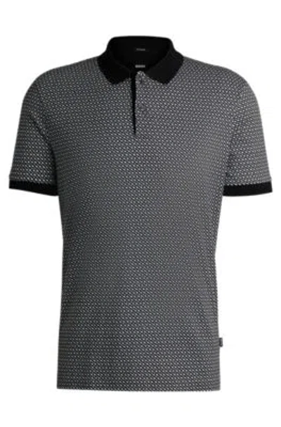 Hugo Boss Mercerized-cotton Polo Shirt With Two-tone Monogram Print In Black