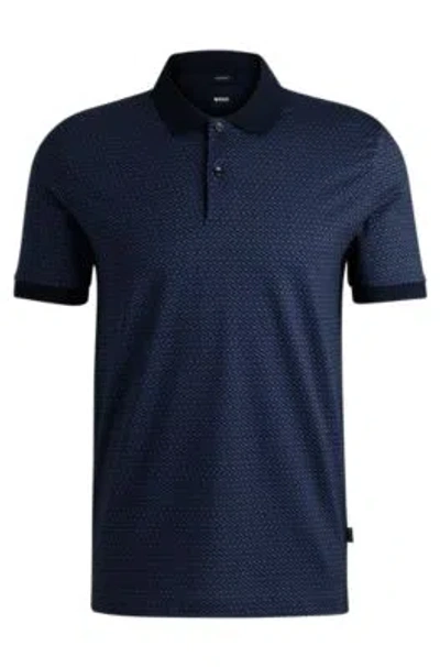 Hugo Boss Mercerized-cotton Polo Shirt With Two-tone Monogram Print In Dark Blue