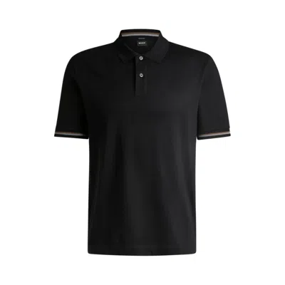 Hugo Boss Mercerized-cotton Regular-fit Polo Shirt With Stripe Trims In Black