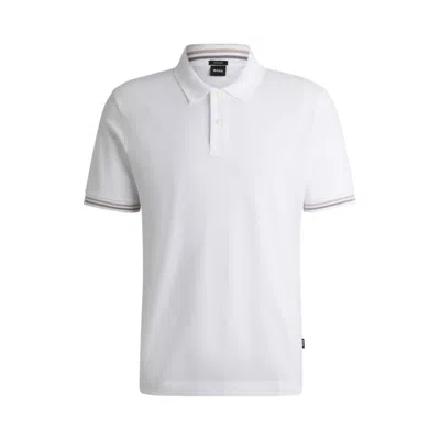 Hugo Boss Mercerized-cotton Regular-fit Polo Shirt With Stripe Trims In White