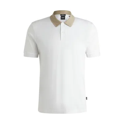 Hugo Boss Mercerized-cotton Slim-fit Polo Shirt With Collar Stripe In White