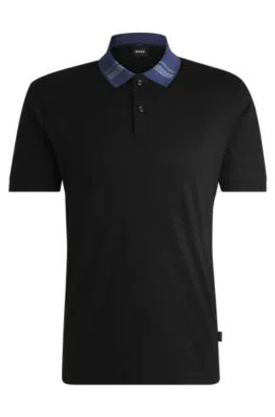 Hugo Boss Mercerized-cotton Slim-fit Polo Shirt With Collar Stripes In Black