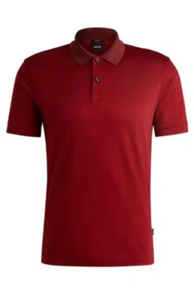 Hugo Boss Mercerized-cotton Slim-fit Polo Shirt With Collar Stripes In Red