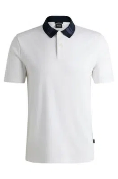 Hugo Boss Mercerized-cotton Slim-fit Polo Shirt With Collar Stripes In White