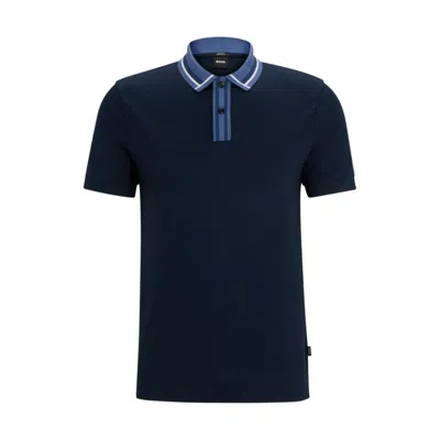 Hugo Boss Mercerized-cotton Slim-fit Polo Shirt With Contrast Stripes In Blue