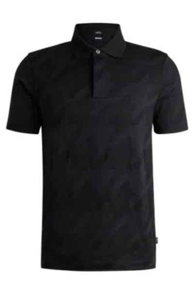 Hugo Boss Mercerized-cotton Slim-fit Polo Shirt With Houndstooth Jacquard In Black