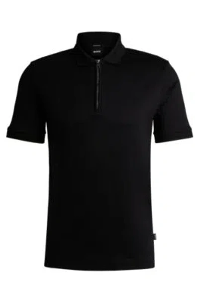 Hugo Boss Mercerized-cotton Slim-fit Polo Shirt With Zip Neck In Black