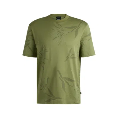 Hugo Boss Mercerized-cotton T-shirt With Floral Jacquard In Green