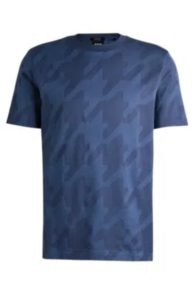 Hugo Boss Mercerized-cotton T-shirt With Houndstooth Jacquard In Dark Blue