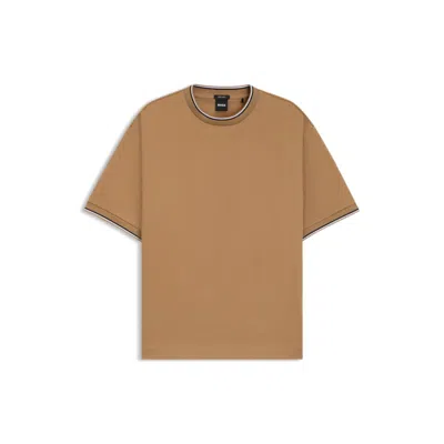 Hugo Boss Mercerized-cotton T-shirt With Striped Cuffs In Brown