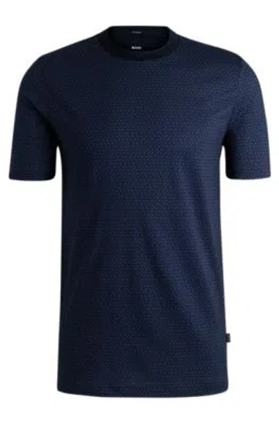 Hugo Boss Mercerized-cotton T-shirt With Two-tone Monogram Print In Dark Blue