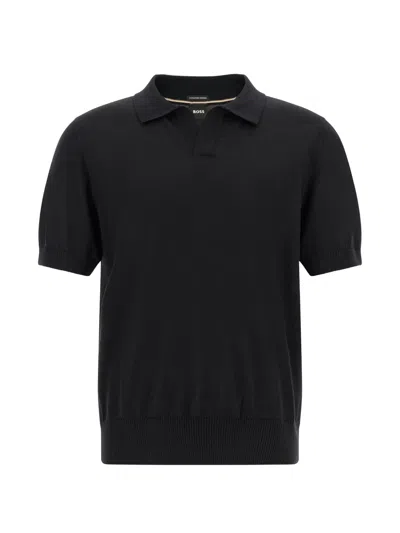 Hugo Boss Merino Wool Knit Polo With Johnny Collar In Black