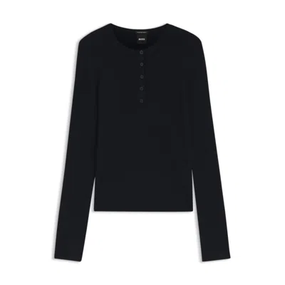 Hugo Boss Merino Wool Sweater With Henley Neckline In Black