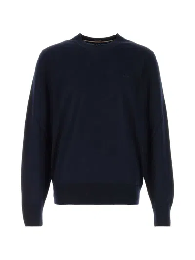 Hugo Boss Merino-wool Sweater With Logo Embroidery In Blue