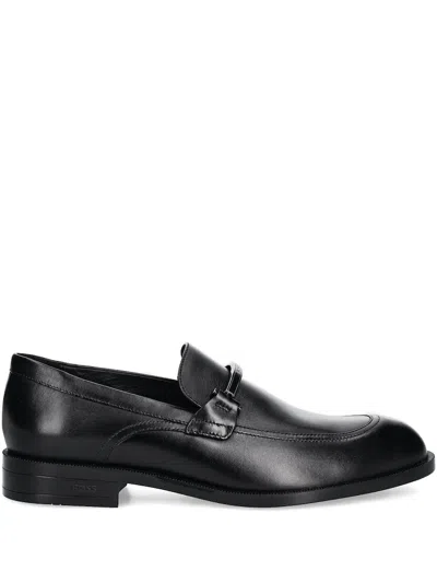 Hugo Boss Metal-bar Leather Loafers In Black