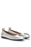 Hugo Boss Metallic-leather Ballerina Pumps With Double B Monogram In Silver