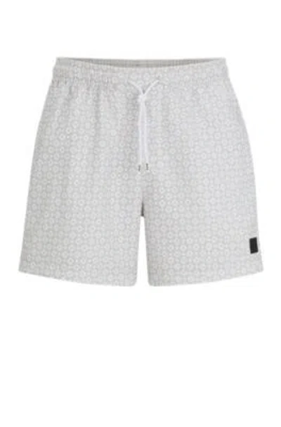 Hugo Boss Micro-print Quick-drying Swim Shorts With Logo Detail In White