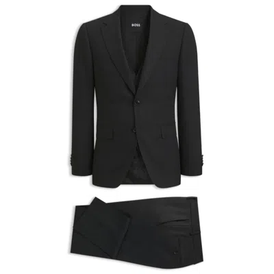 Hugo Boss Micro-patterned Slim-fit Suit In Italian Virgin Wool In Black