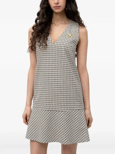 Hugo Boss Mini Checked V-neck Dress In Burgundy