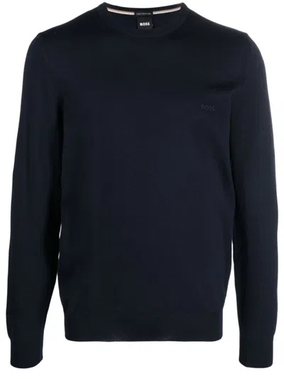 Hugo Boss Minimalist Blue Sweater With Classic Crew Neckline In Black