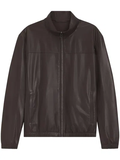 Hugo Boss Minimalist Brown Leather Jacket With Zipper Closure