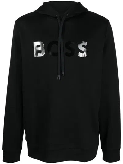 Hugo Boss Mirror-effect Logo Drawstring Hoodie In Black