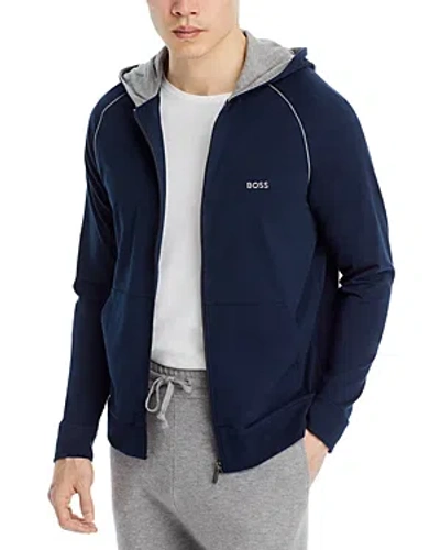 Hugo Boss Mix & Match Cotton Blend Full Zip Hooded Jacket In Blue