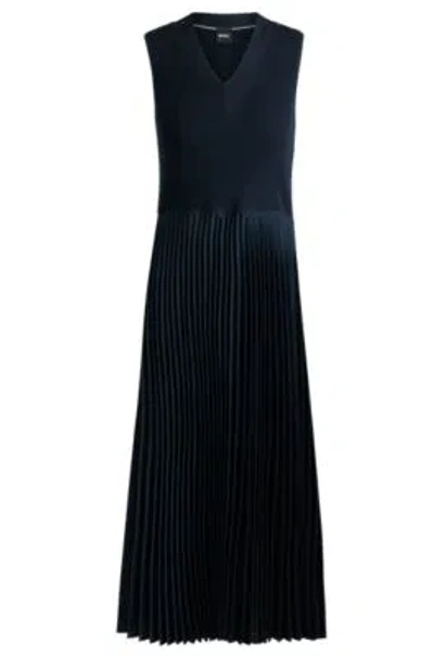 Hugo Boss Mixed-material Dress With Pliss Skirt In Dark Blue