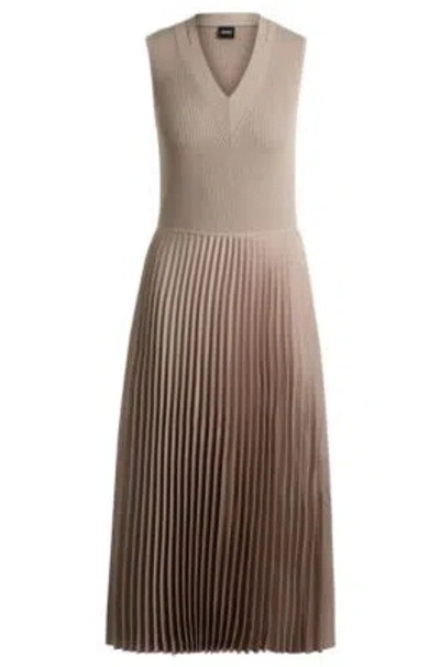 Hugo Boss Mixed-material Dress With Pliss Skirt In Light Beige