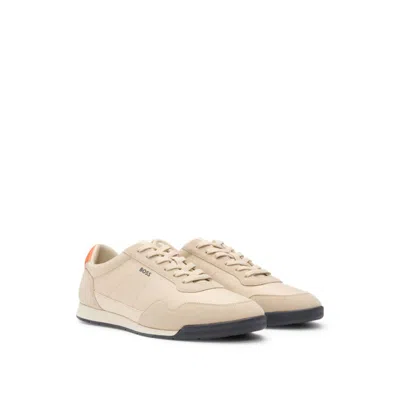 Hugo Boss Mixed-material Lace-up Trainers With Suede Trims In Beige