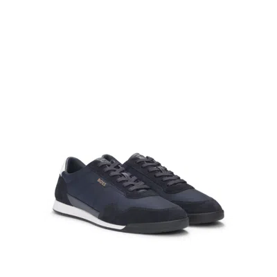 Hugo Boss Mixed-material Lace-up Trainers With Suede Trims In Blue