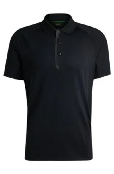 Hugo Boss Mixed-material Polo Shirt With Decorative Reflective Logo In Black