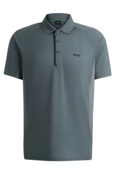 Hugo Boss Mixed-material Polo Shirt With Decorative Reflective Logo In Khaki
