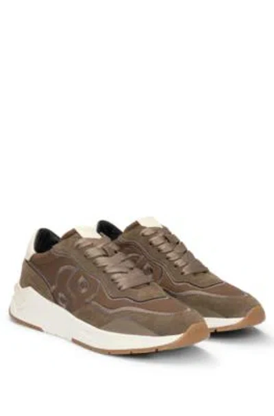 Hugo Boss Mixed-material Trainers With Double B Monogram In Brown