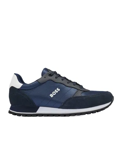Hugo Boss Mixed-material Trainers With Faux-leather Trims In Blue