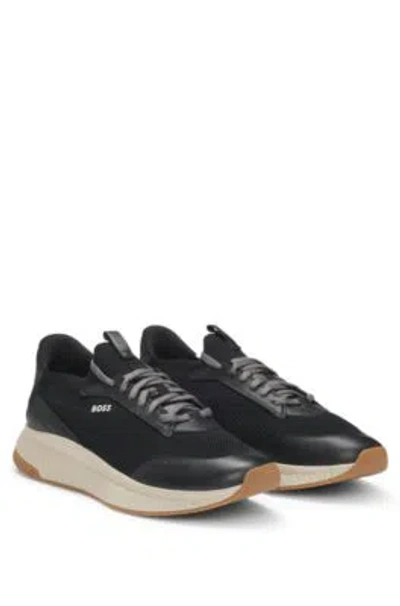 Hugo Boss Mixed-material Trainers With Fishbone Sole And Signature Accents In Black
