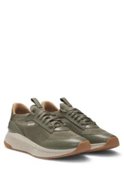 Hugo Boss Mixed-material Trainers With Fishbone Sole And Signature Accents In Dark Green